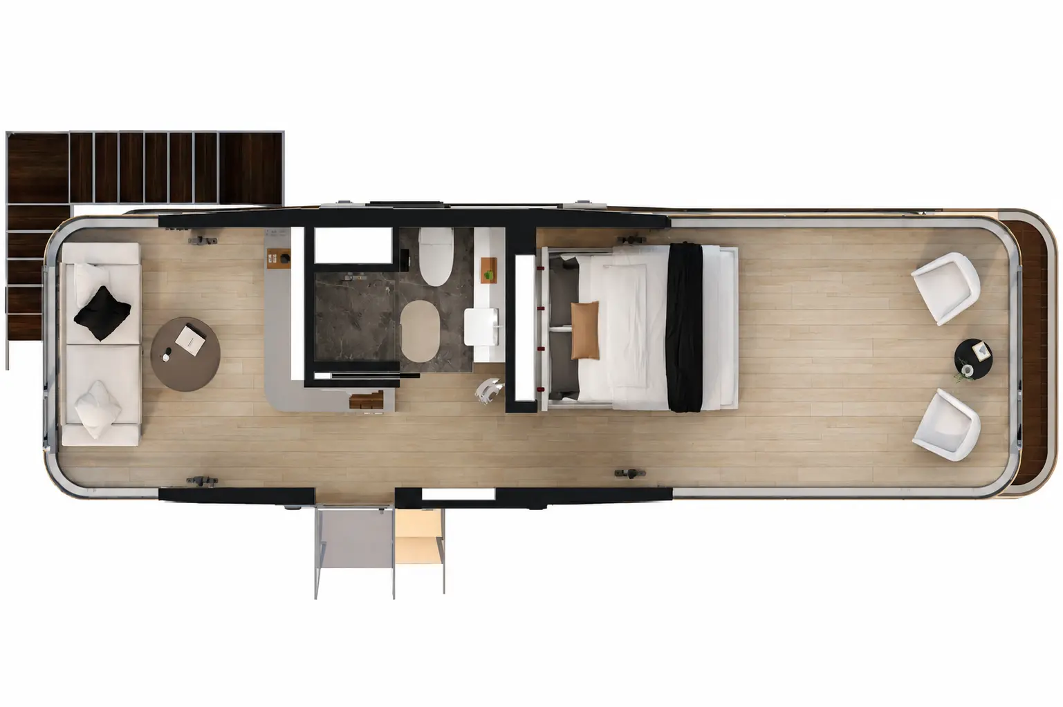 Nhà phi thuyền di động Coolhome Zen9 bao gồm 2 phòng ngủ, 1 nhà vệ sinh, 1 ban công