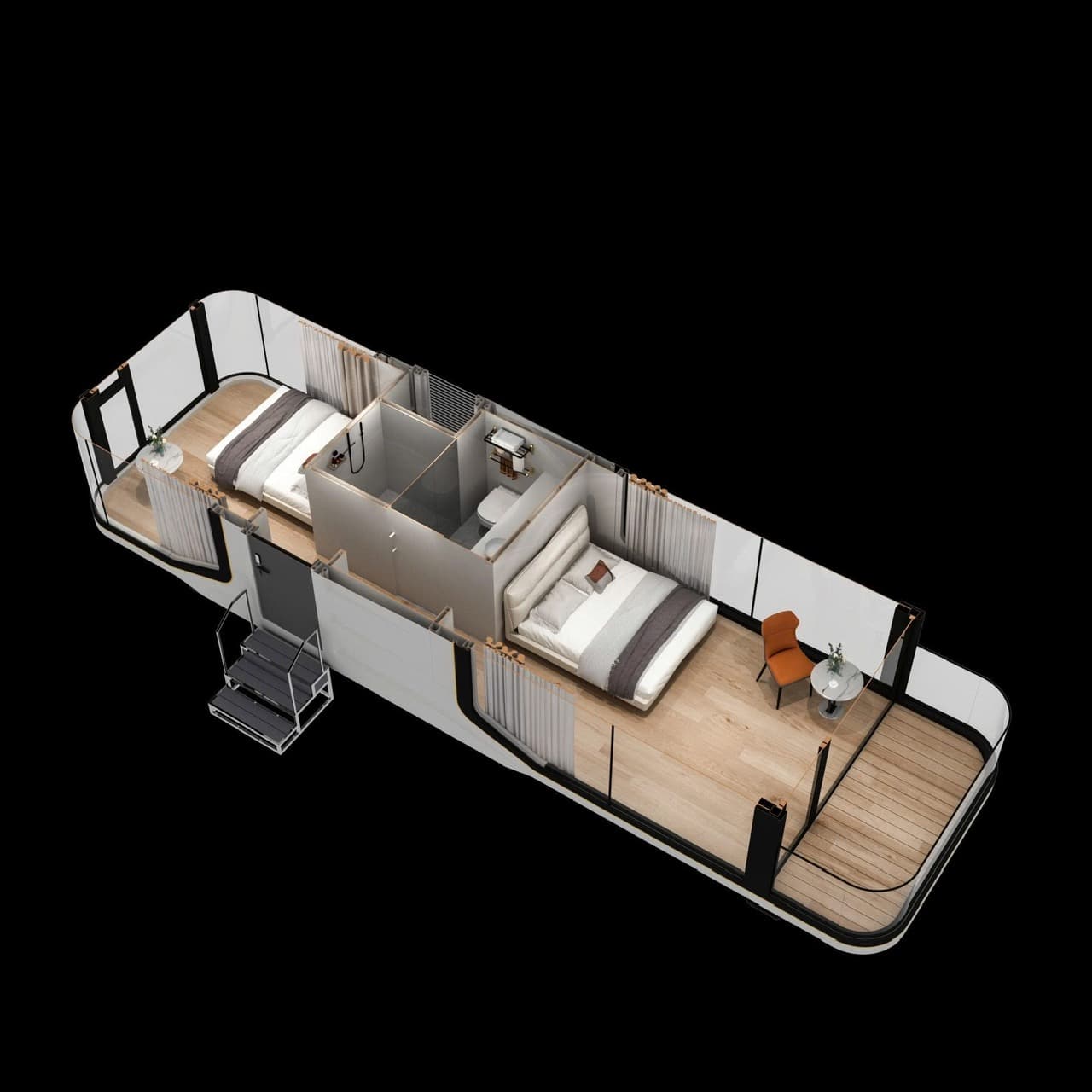 Nhà phi thuyền di động thông minh Zen 8 Coolhome được phác họa 3D bên trong khi nhìn bên góc cạnh