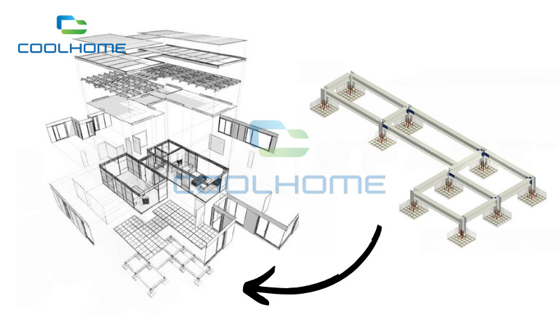 (Ảnh 3) Điều đặc biệt ở nhà xưởng lắp ghép là móng liên kết chặt chẽ với các bulong neo, giúp gắn kết khung nhà và tường với móng