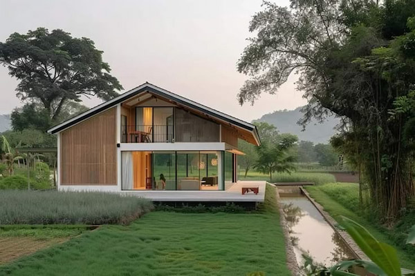 Nhà gỗ cấp 4 hiện đại tối giản phù hợp với giới trẻ yêu thích sự gọn gàng và kết nối với thiên nhiên