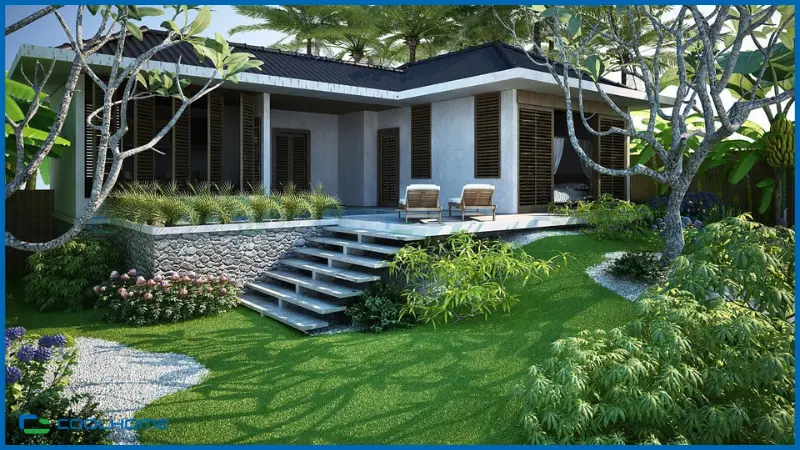 Không gian sống luôn mát mẻ dễ chịu nhờ những bức tường đá cuội dày chắc