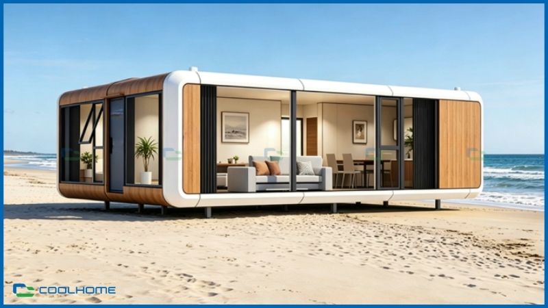 Thiết kế ghép đôi độc đáo của nhà phi thuyền với diện tích 62.8m², mở ra không gian sống thoáng đãng giữa thiên nhiên